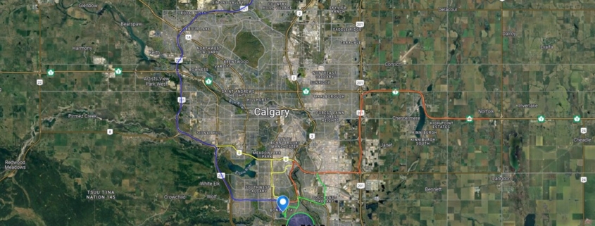 Calgary Alberta Map showing 4 evacuation routes from Lake Bonavista