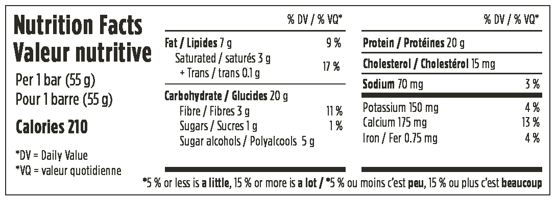 Barebells Caramel Cashew Protein Bar Nutritional Fact Table
