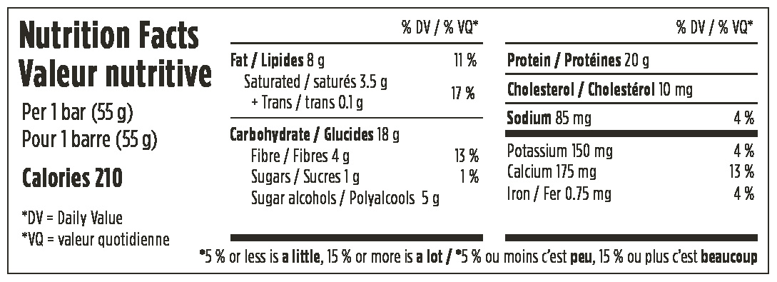 Barebells Cookies and Cream Protein Bar Nutritional Fact Table