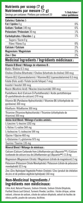 BioSteel Lemon Lime Nutritional Fact Table