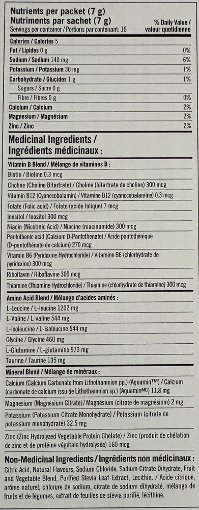 BioSteel Rainbow Twist Nutritional Fact Table