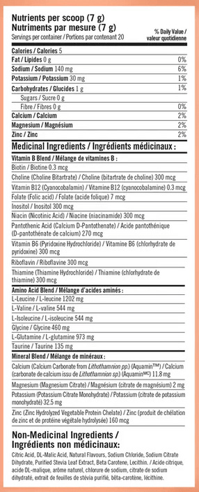 BioSteel Peach Mango Nutritional Fact Table