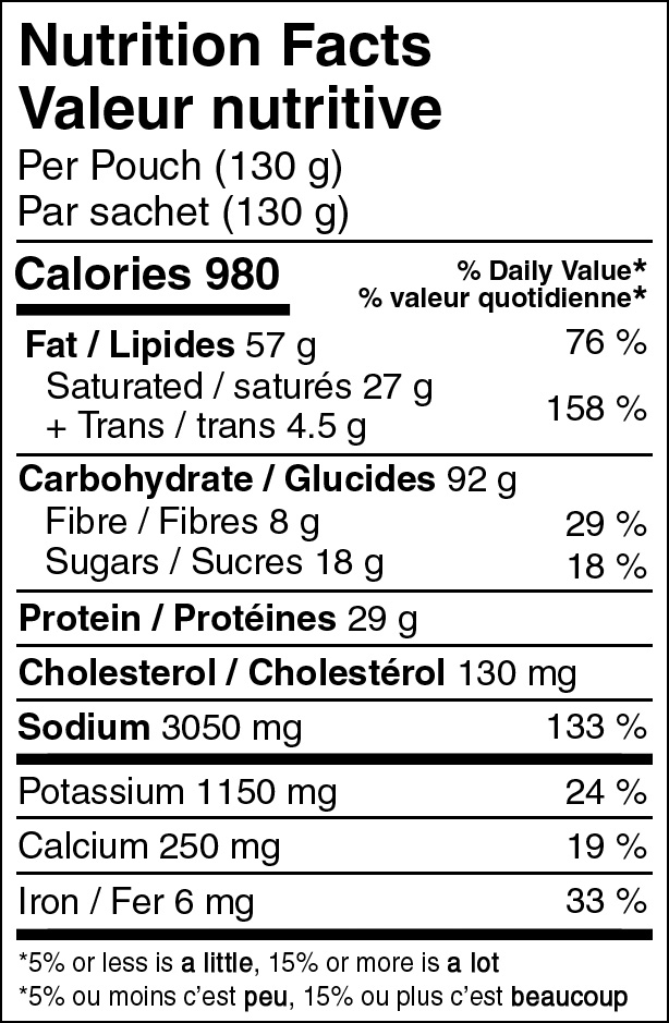 Foundation Outdoors Chicken Pot Pie Nutritional Fact Table