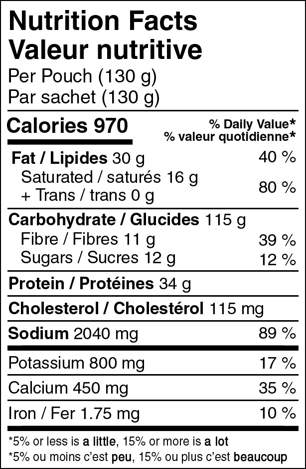 Foundation Outdoors Lasagna Nutritional Fact Table