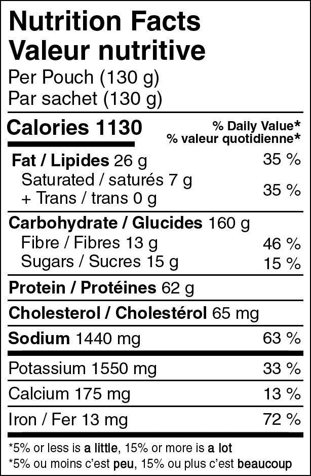 Foundation Outdoors Spaghetti Nutritional Fact Table