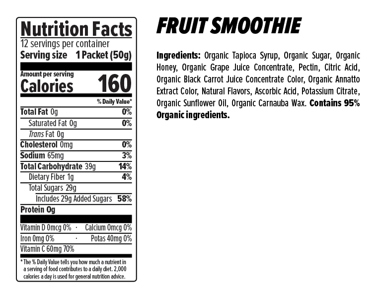 Honey Stinger Organic Energy Chews Fruit Smoothie Nutritional Fact Table