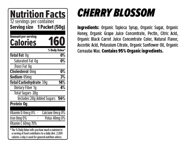 Honey Stinger Organic Energy Chews Cherry Blossom Nutritional Fact Table