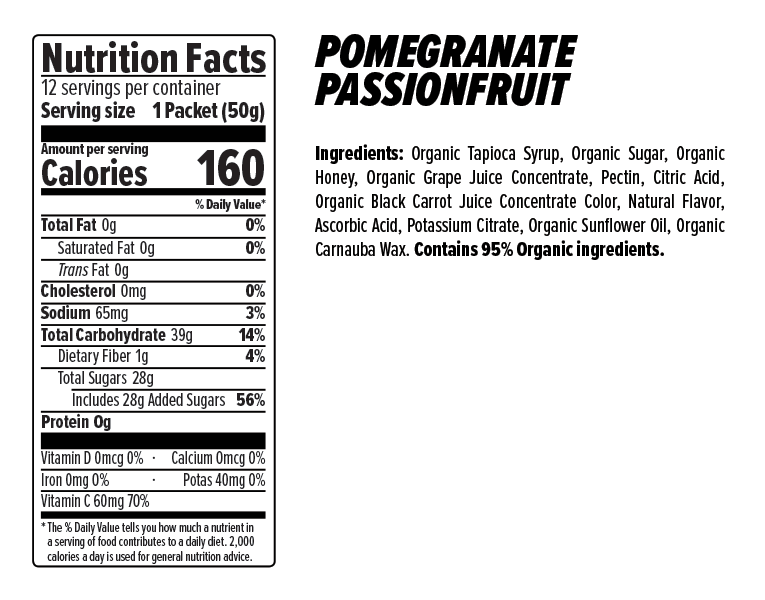 Honey Stinger Organic Energy Chews Pomegranate Passionfruit Nutritional Fact Table