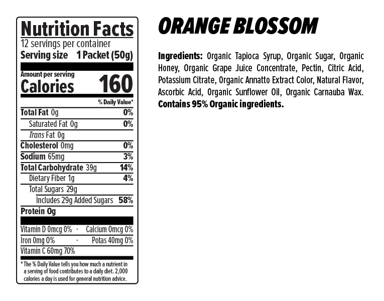 Honey Stinger Organic Energy Chews Orange Blossom Nutritional Fact Table