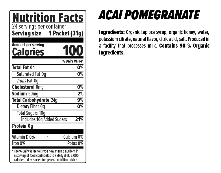 Honey Stinger Organic Energy Gel Acai Pomegrante Nutritional Fact Table