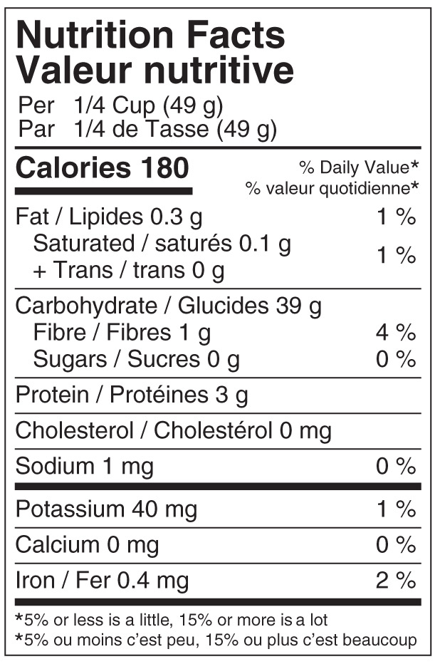 White Rice Nutritional Label
