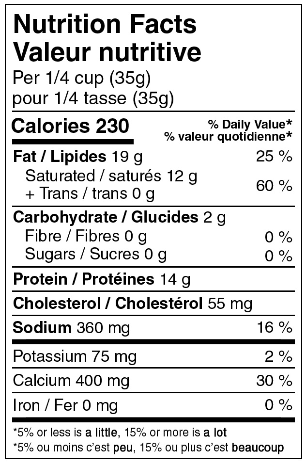 Nutristore Colby Cheese Nutritional label