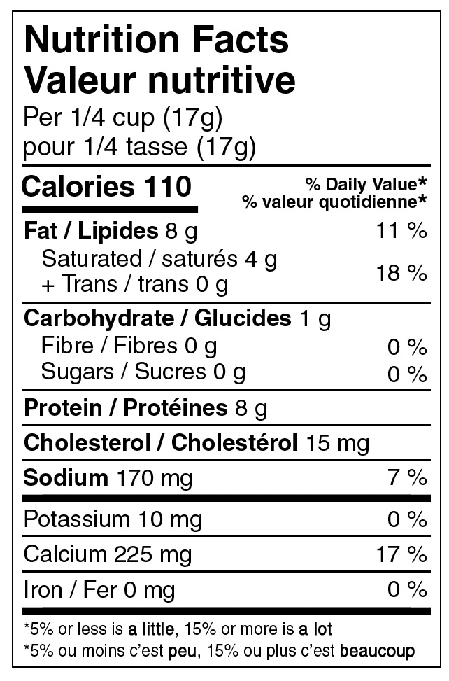 Nutristore Freeze Dried Shredded Mozzarella Cheese Nutritional label