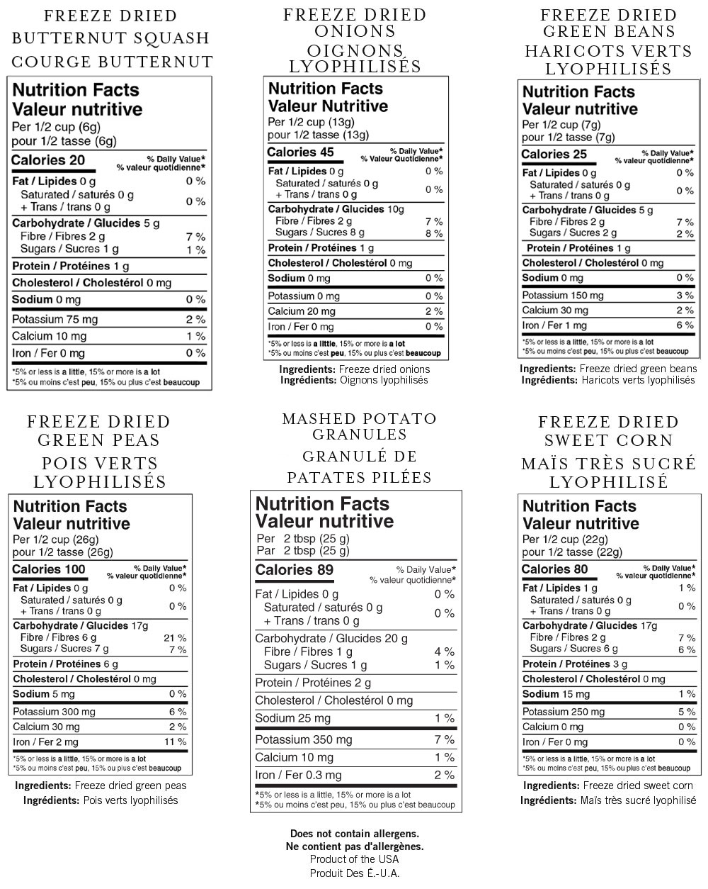 Nutristore Vegetable Combo 6 Pack Nutritional Label