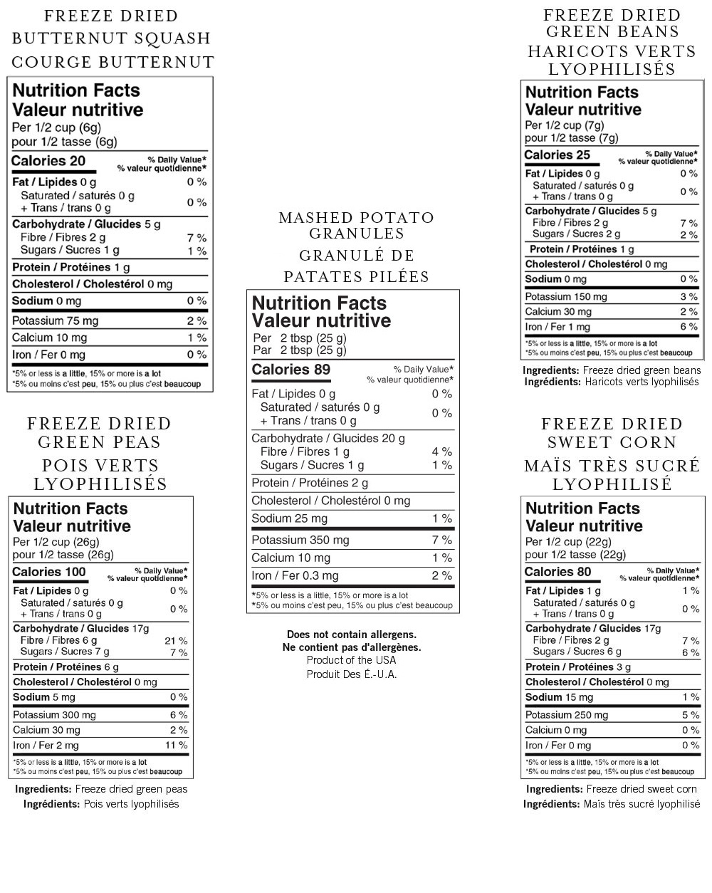 Nutristore Vegetable Combo 6 Pack Nutritional Label