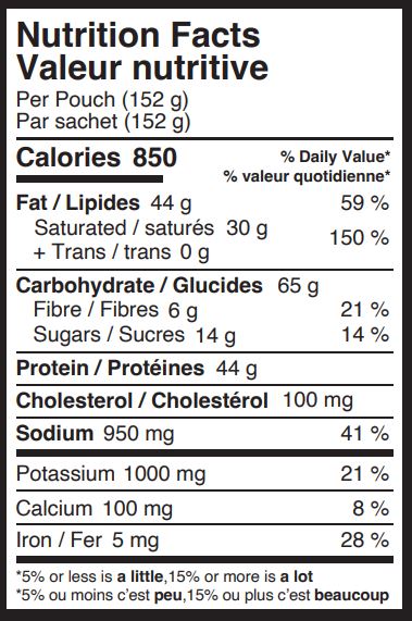 Peak Refuel Chicken Coconut Curry Nutritional Fact Table
