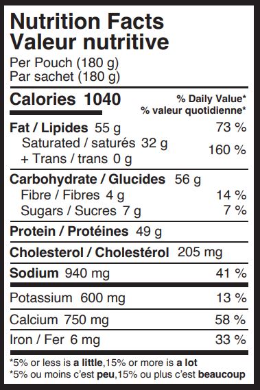 Peak Refuel Beef Pasta Marinara Nutritional Fact Table