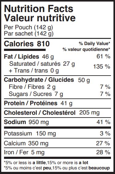 Peak Refuel Beef Stroganoff Nutritional Fact Table