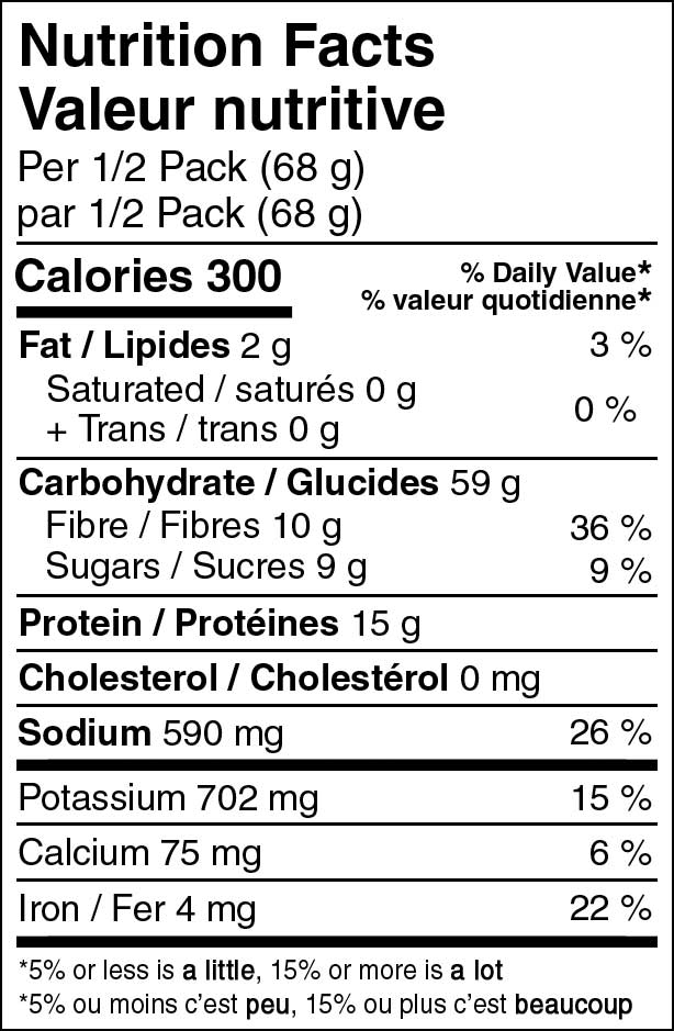 Peak Refuel Three Bean Chili Mac Nutritional Fact Table