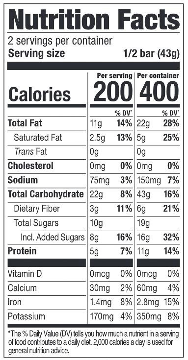 Probar Peanut Butter Chocolate Chip Nutritional Fact Table