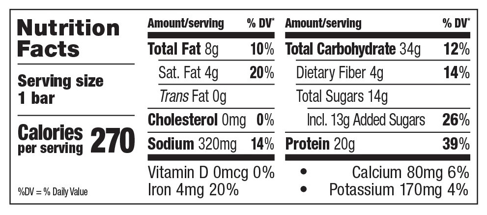 Probar Cookie Dough Protein Bar Nutritional Fact Table
