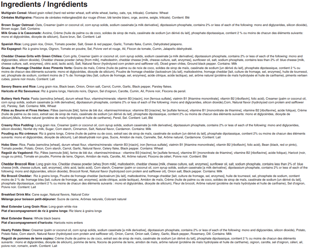 Ready Project 14 day Emergency Meal Kit Ingredients